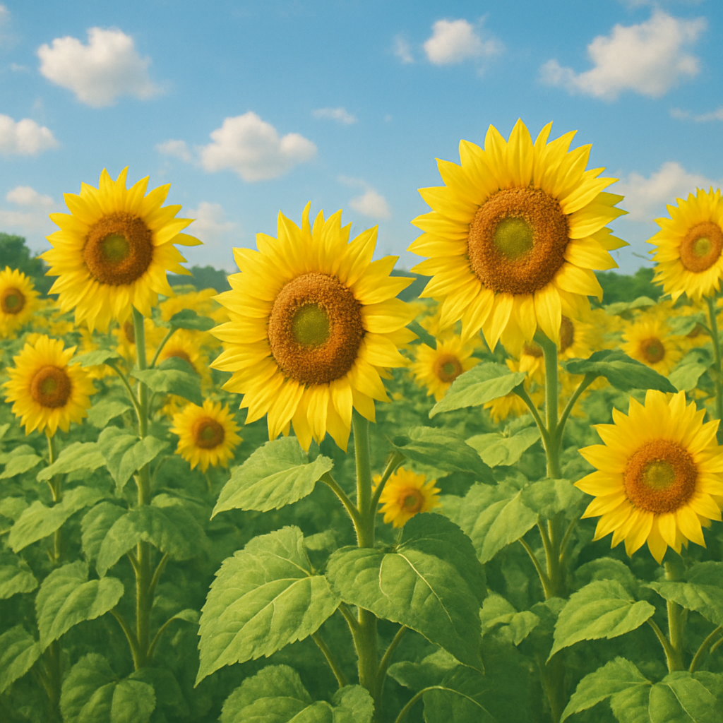 Bright yellow sunflowers in a field