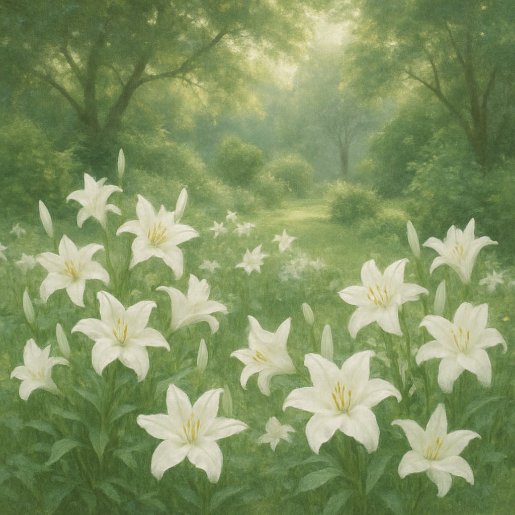 Delicate white lilies in a garden